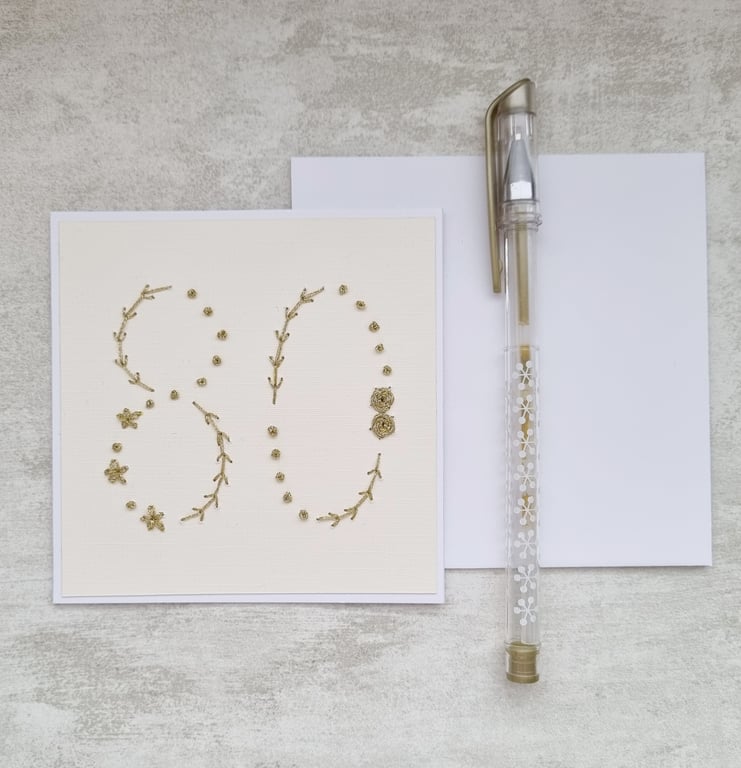 80th Hand Embroidered Birthday Card