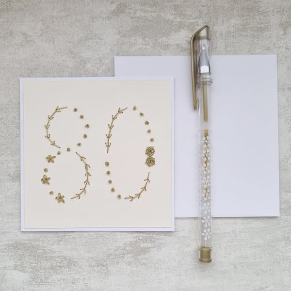 80th Hand Embroidered Birthday Card