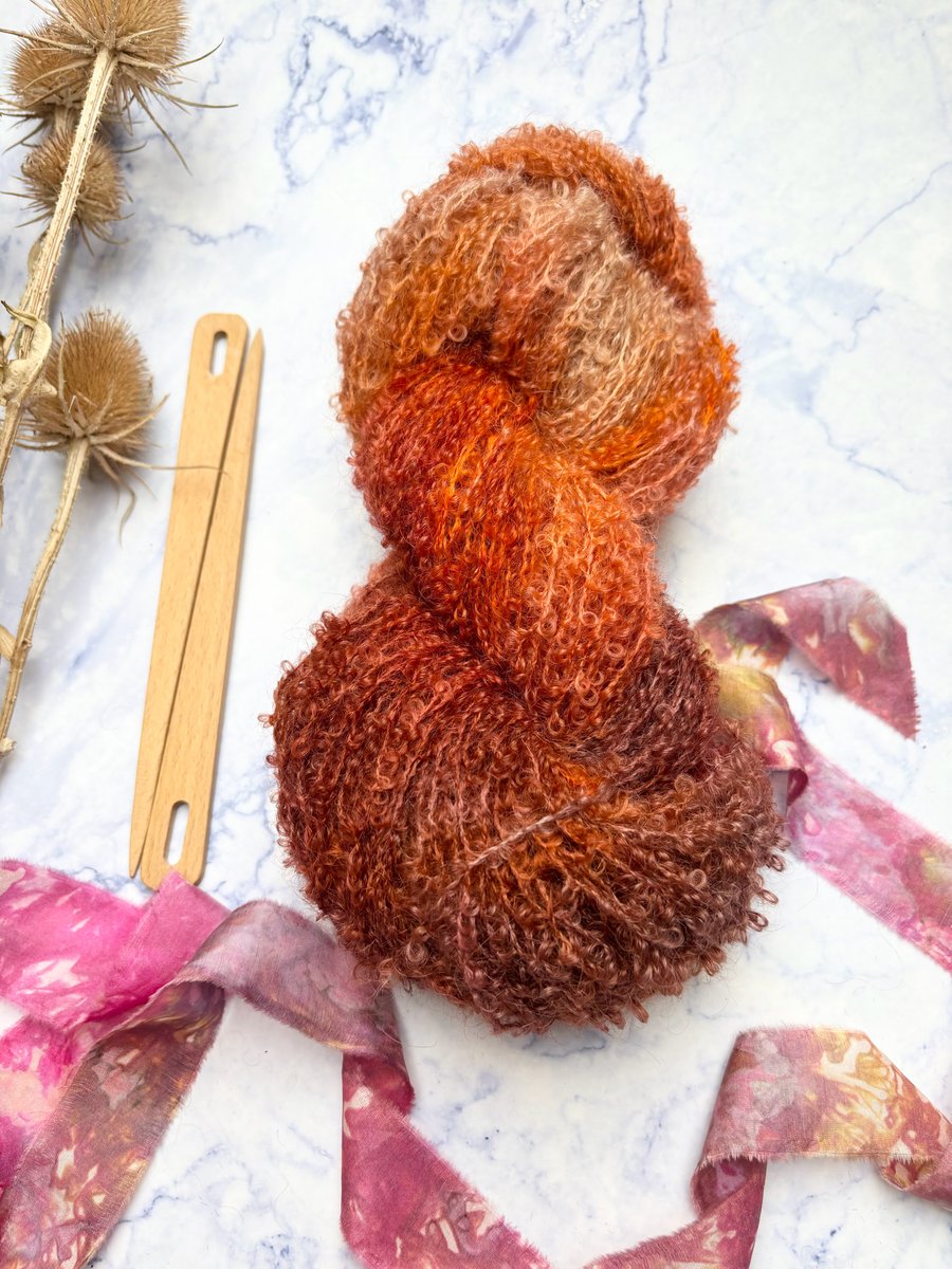 125g Hand Dyed Mohair Angora Boucle Yarn, Rusty Ginger Yarn Felting Knitting 129