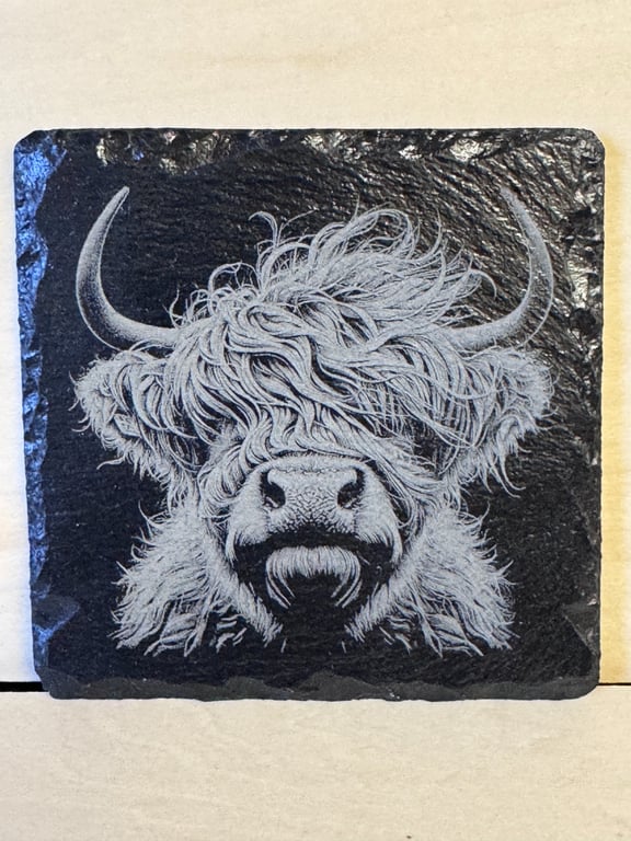 Highland Cow Slate Coasters Set of 4 with Engraved Wooden Holder 