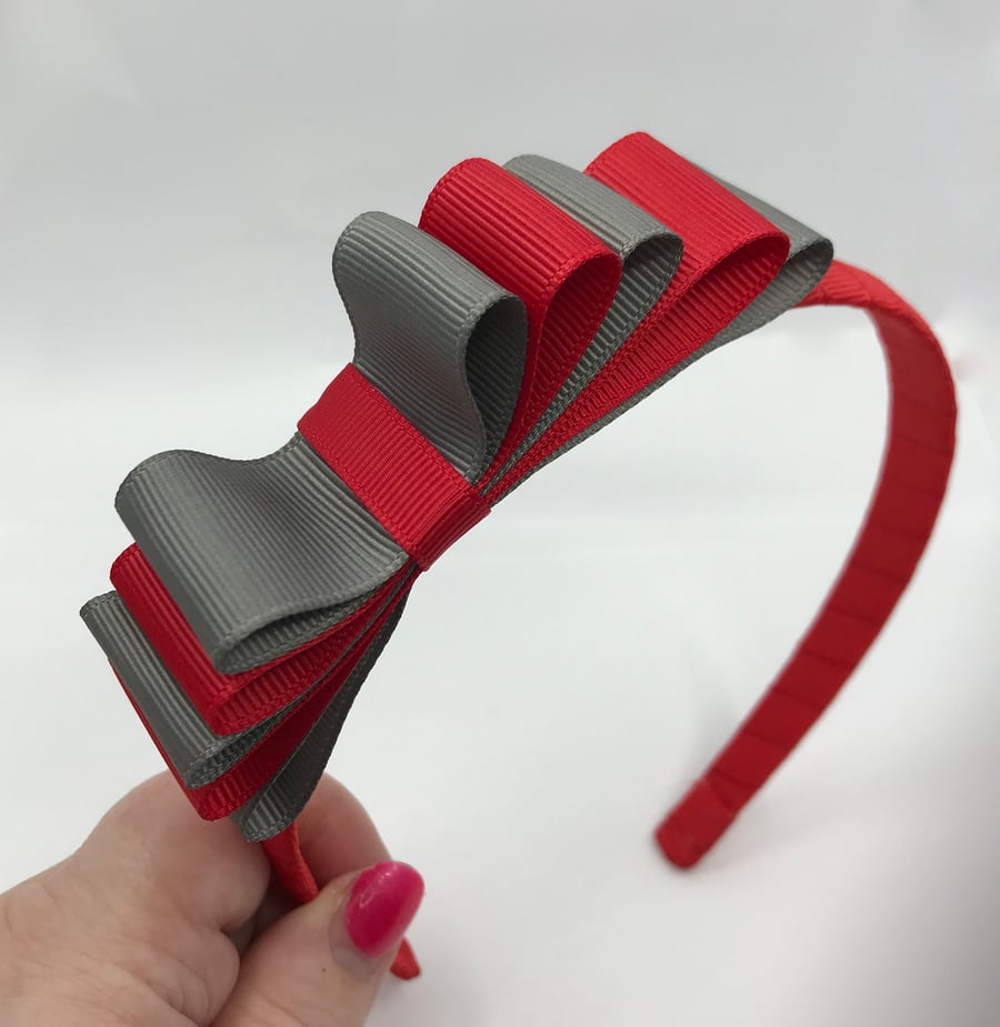 School Red and Grey Hairband with 5 Layer Two-tone Straight Bow