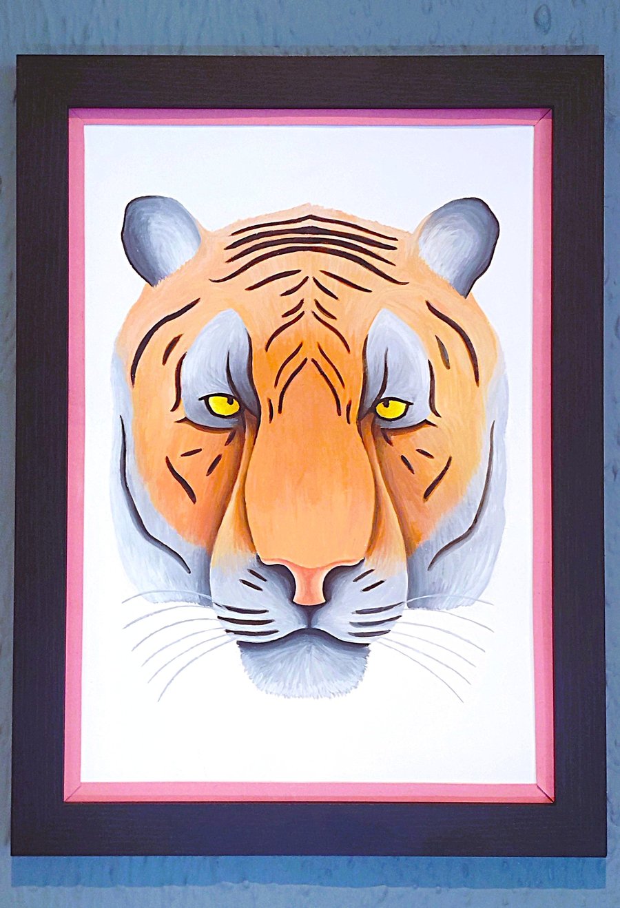 Handmade Unique Framed A3 Print Colourful Tiger Head Pink Border Wallart Gift