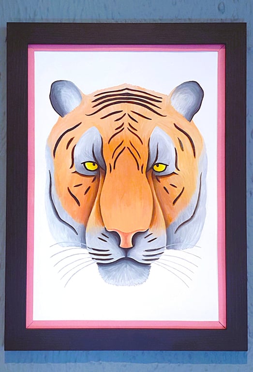 Handmade Unique Framed A3 Print Colourful Tiger Head Pink Border Wallart Gift