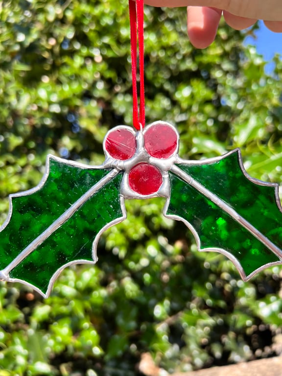 Holly stained glass Christmas decoration - summer seconds