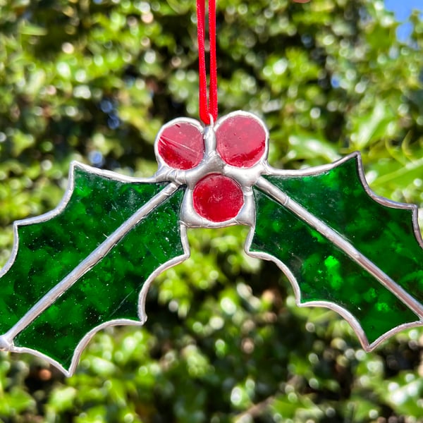Holly stained glass Christmas decoration - summer seconds