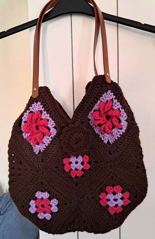 Brown, Pink & Lilac Handmade Crocheted Tote Bag