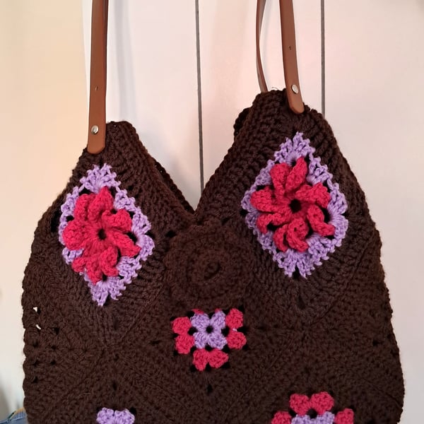 Brown, Pink & Lilac Handmade Crocheted Tote Bag