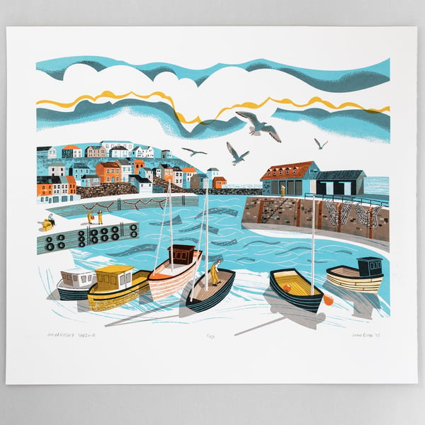 Mevagissey Harbour, six colour limited edition screenprint