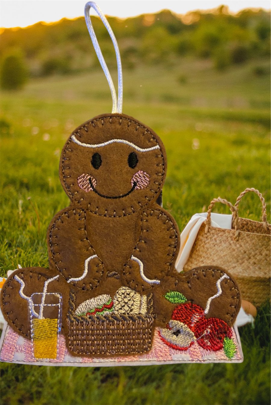 Gingerbread man lady Embroidered Hanging Keepsake having a picnic