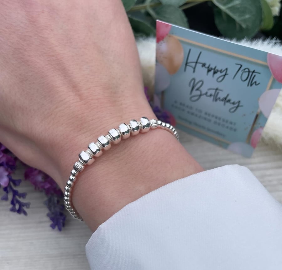 70th Birthday Sterling Silver Milestone Bracelet, 70th Birthday Gift