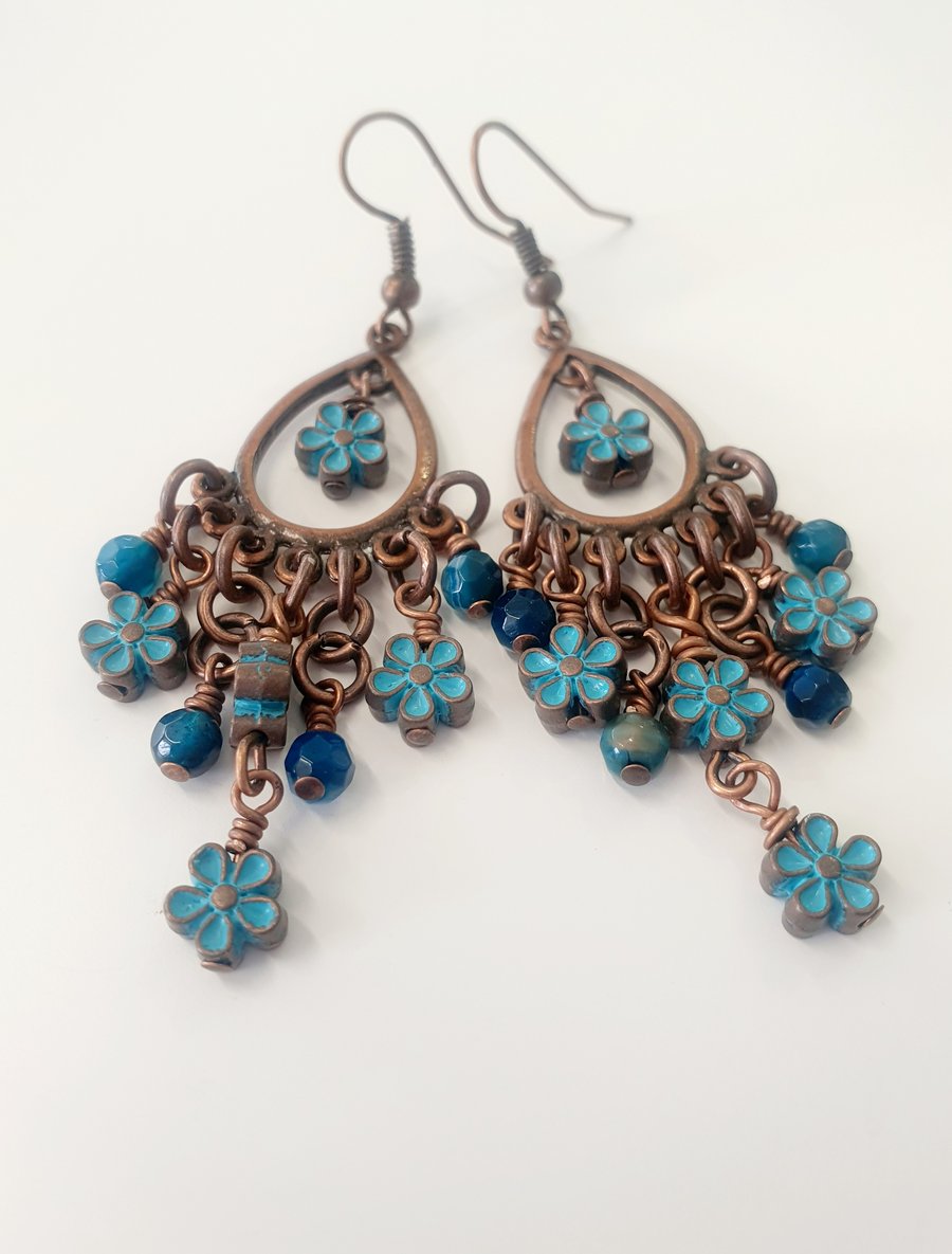 Forget Me Not Earrings in Copper and Blue Agate