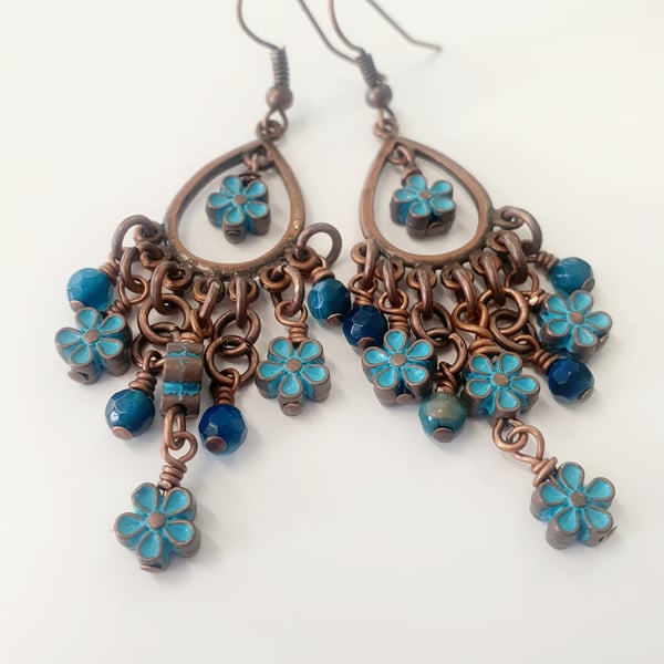 Forget Me Not Earrings in Copper and Blue Agate
