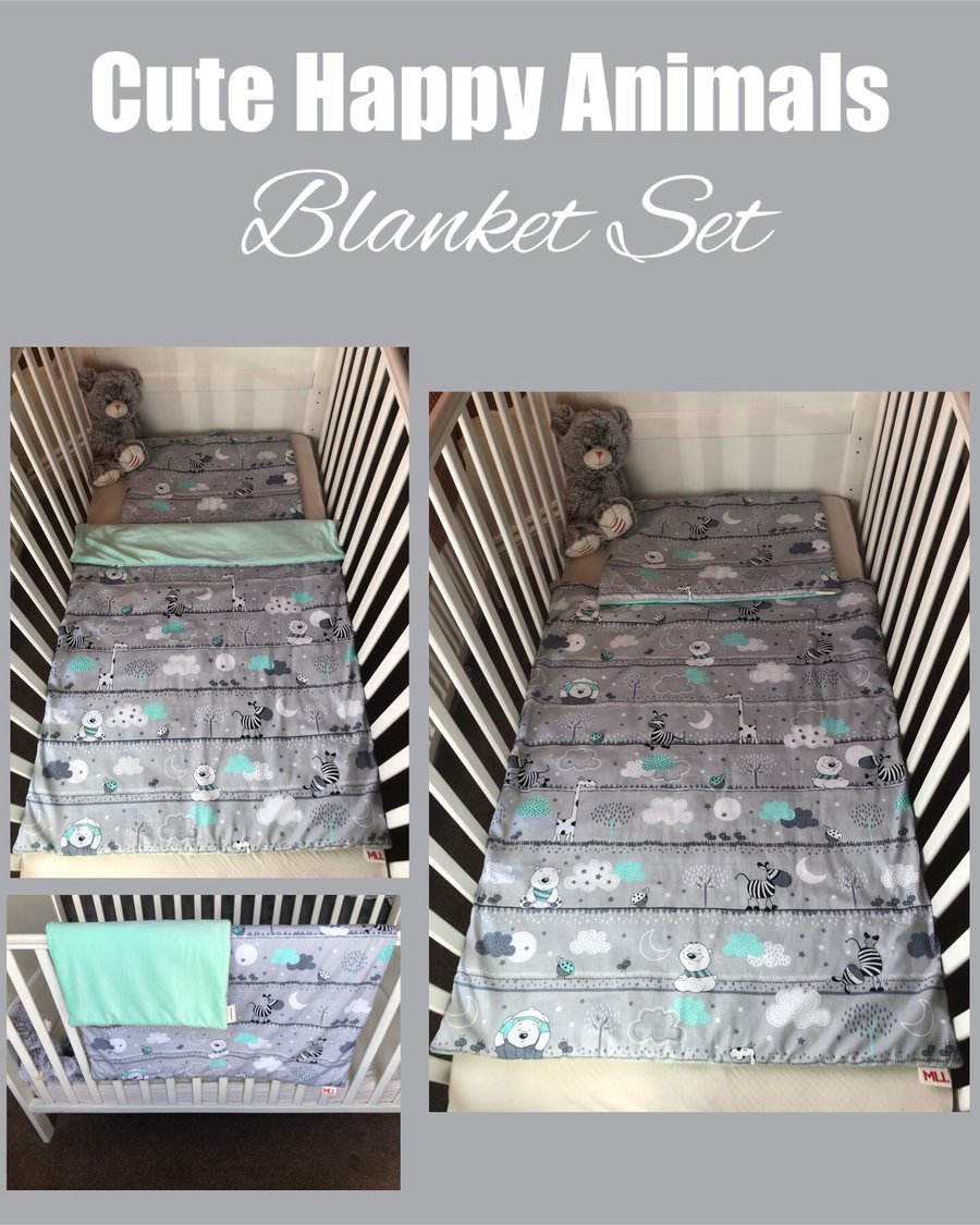 Cute Happy Animals with Mint Baby Blanket Sets