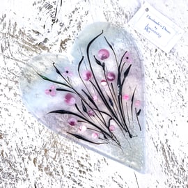 Glass Meadow Heart with Delicate Pink Flowers