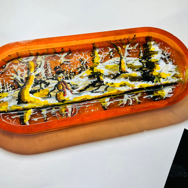 A hand painted and resin layered Winter dish by Andrew Jenkins 