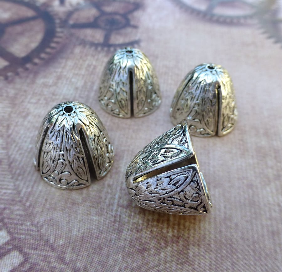 Pack of 4 - Four Petals Brass Bead Caps Silver Colour