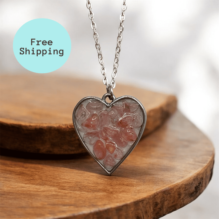 Strawberry Quartz Heart Silver plated Worry Stone Necklace - Free Postage