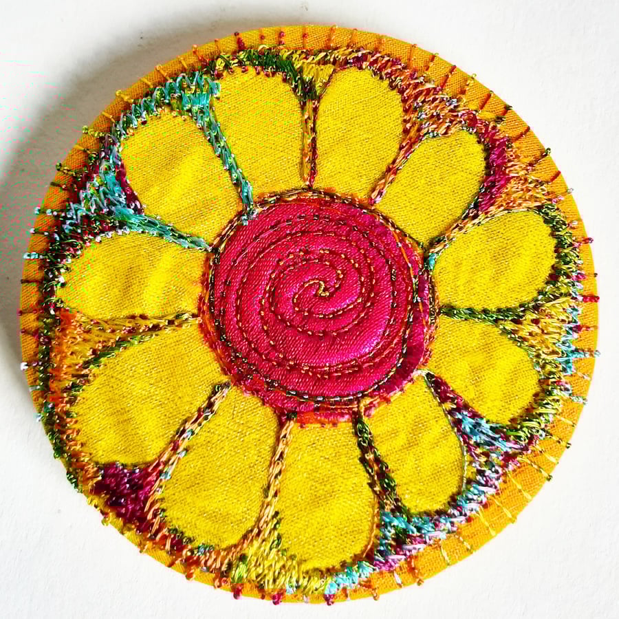 58mm Fabric Badge with Free Machine Embroidery Yellow and Pink Flower 