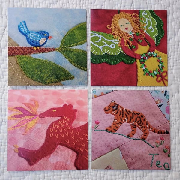 Set of 4 printed blank cards, based on my own design embroidery