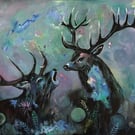 Two Stags Together – Original Mixed-Media Wildlife Painting