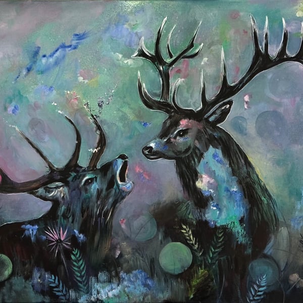 Two Stags Together – Original Mixed-Media Wildlife Painting