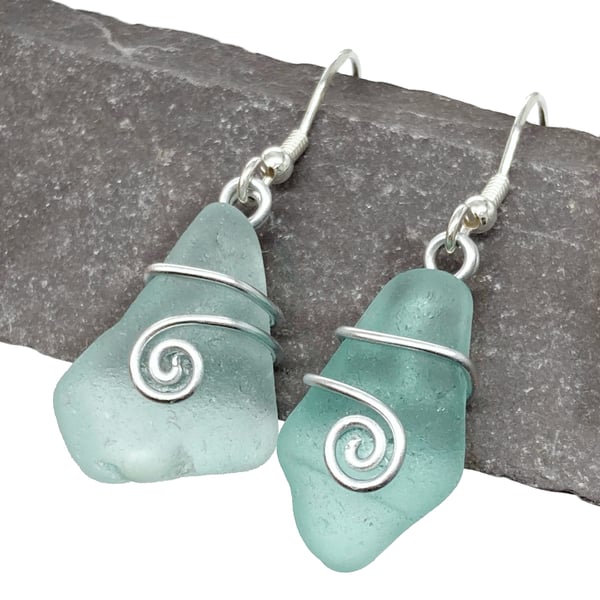 Sea Glass Earrings - Aqua Green - Scottish Sterling Silver Wire Celtic Jewellery