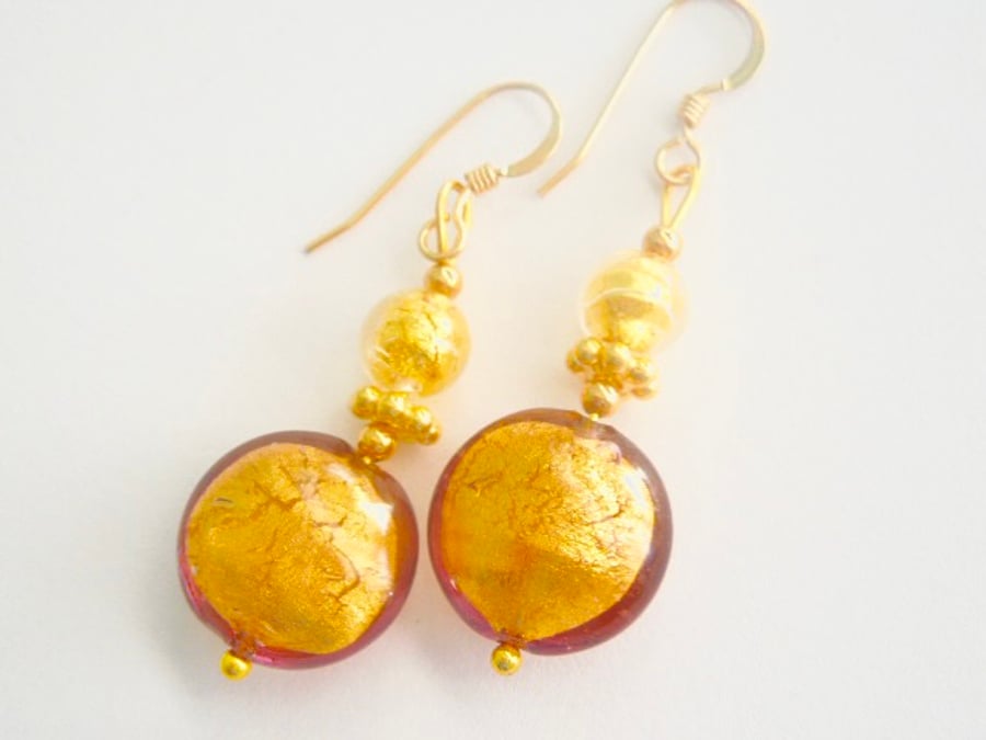Murano Glass earrings with golden chocolate lentil beads and gold filled wires.