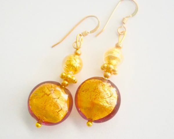 Murano Glass earrings with golden chocolate lentil beads and gold filled wires.
