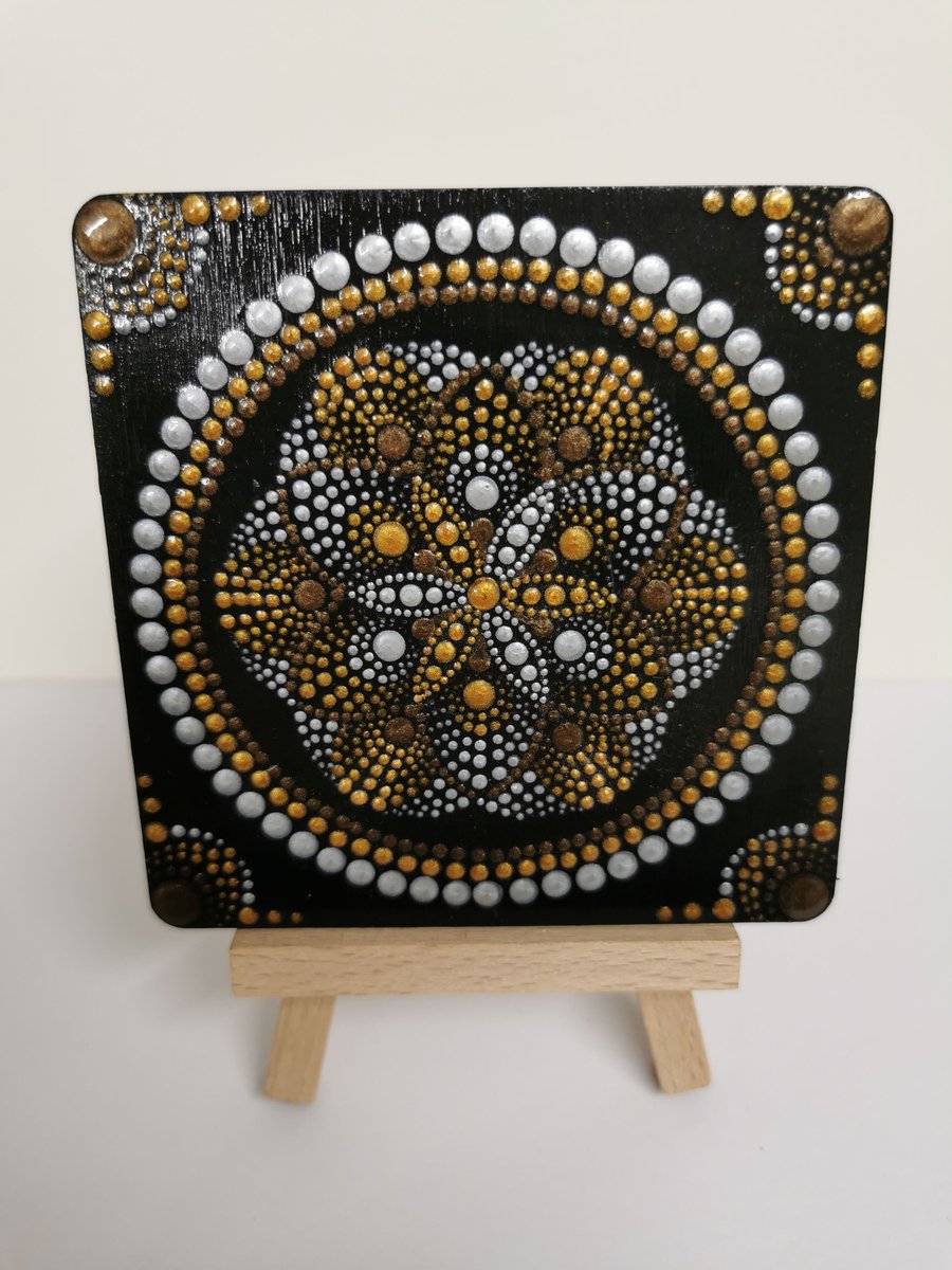Hand painted metallic mandala square coaster
