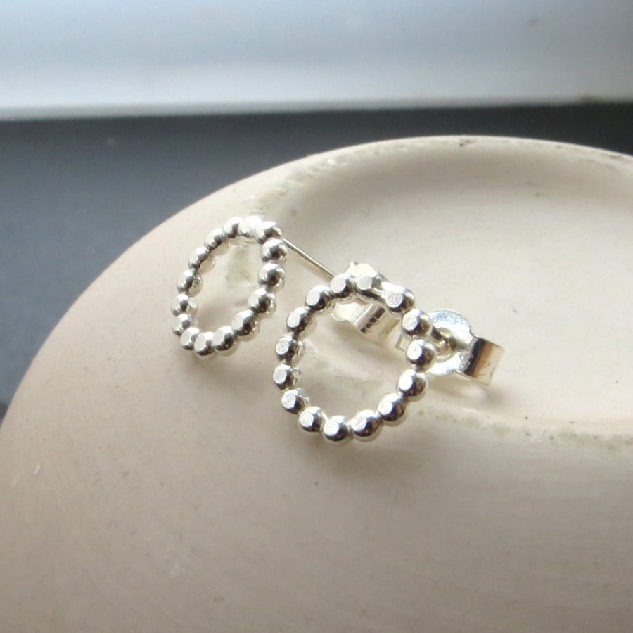 Silver beaded wire studs, Small bobbly circle earrings