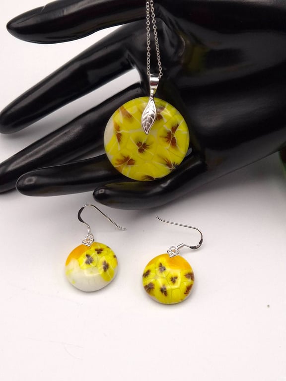 Yellow Pansies Fused Glass Hook Earrings and Pendant Set