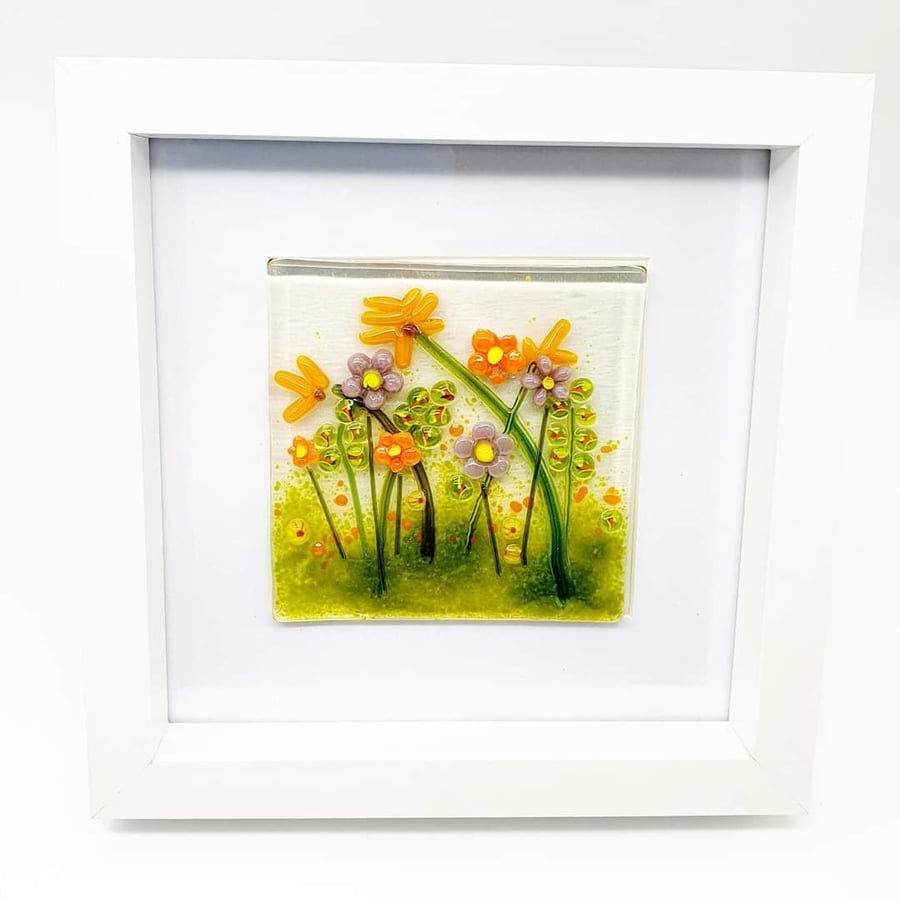 Framed Fused Glass Floral Meadow Scene