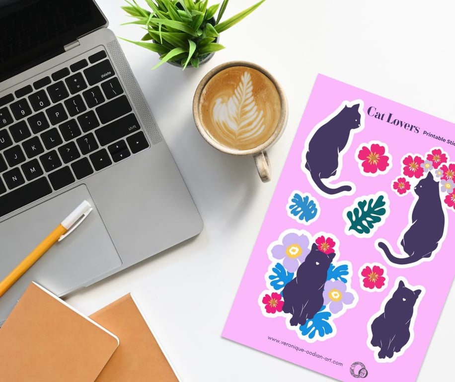 Cat Lovers Printable Sticker Sheet PDF Digital Product
