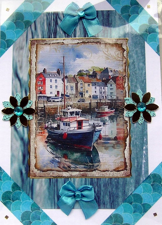 Harbour Fishing Boat Scene - Hand Crafted 3D Decoupage Card - Blank 3030