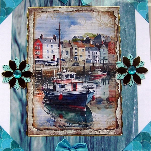 Harbour Fishing Boat Scene - Hand Crafted 3D Decoupage Card - Blank 3030