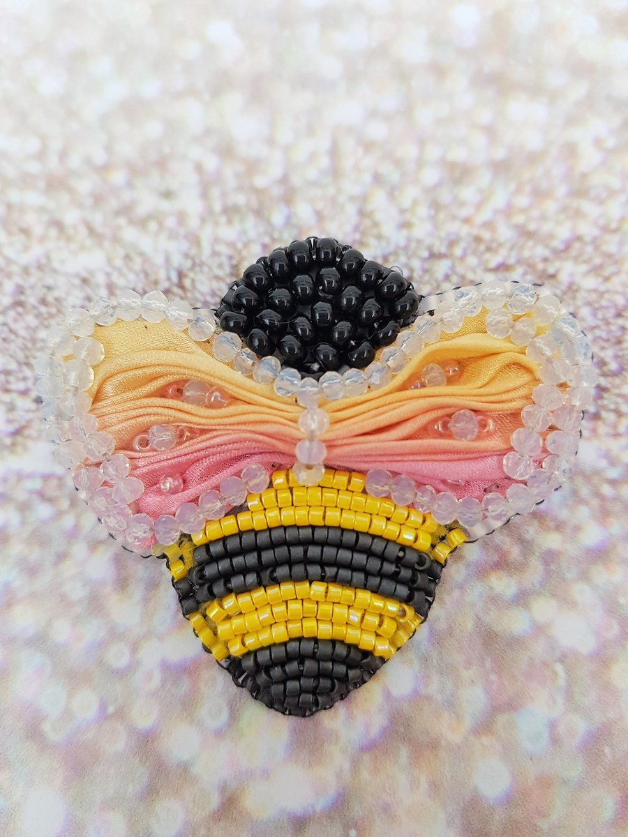 Hand Embroidered Shibori Ribbon Beadwork Bee Brooch, Unique Artisan Jewellery, N