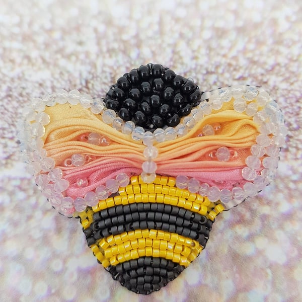 Hand Embroidered Shibori Ribbon Beadwork Bee Brooch, Unique Artisan Jewellery, N