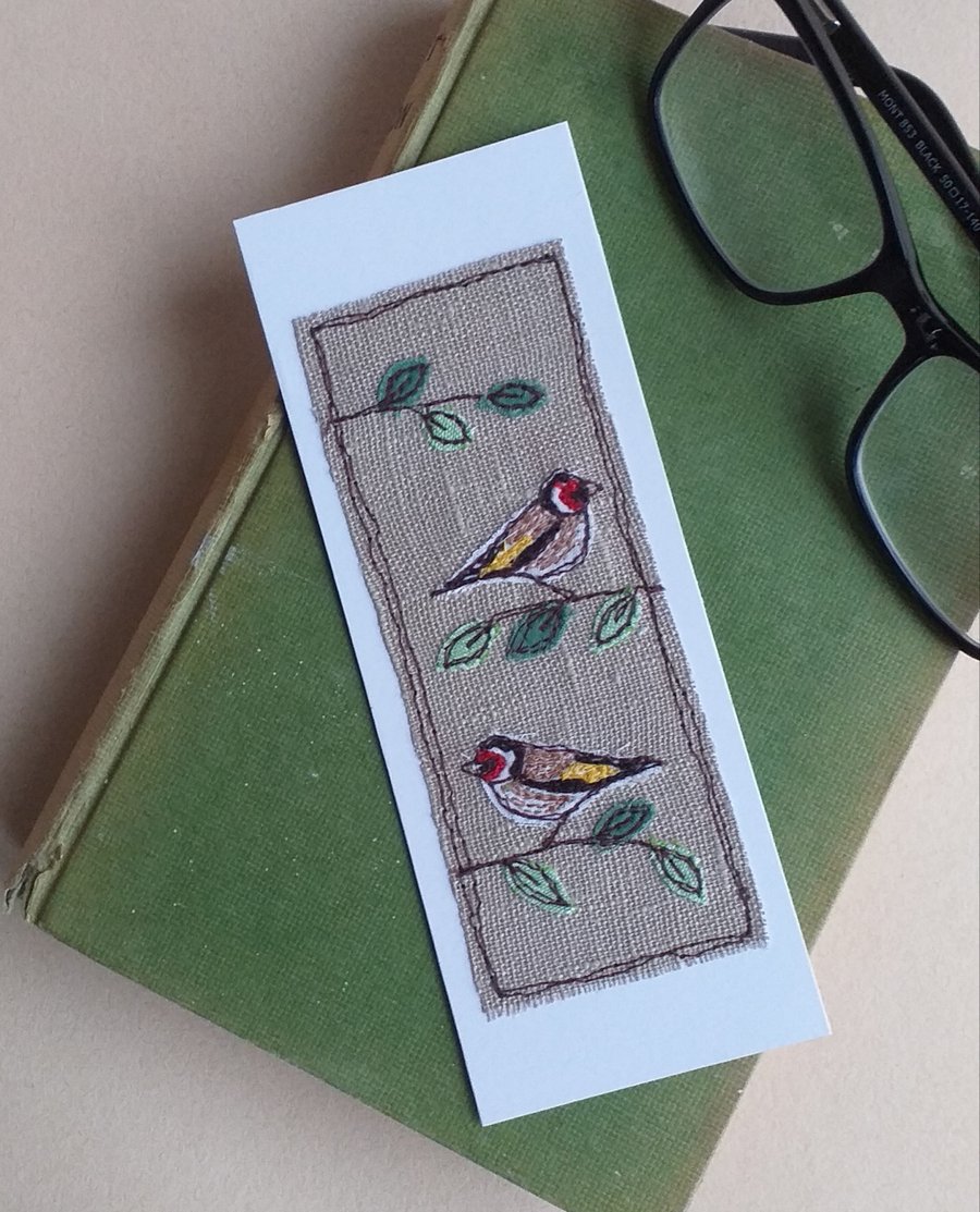 Card Bookmark with Embroidered Goldfinches