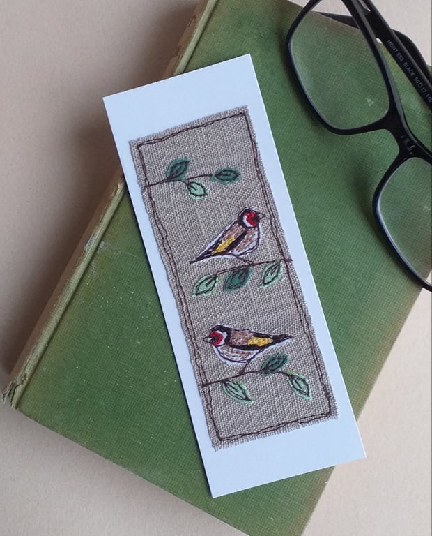 Card Bookmark with Embroidered Goldfinches