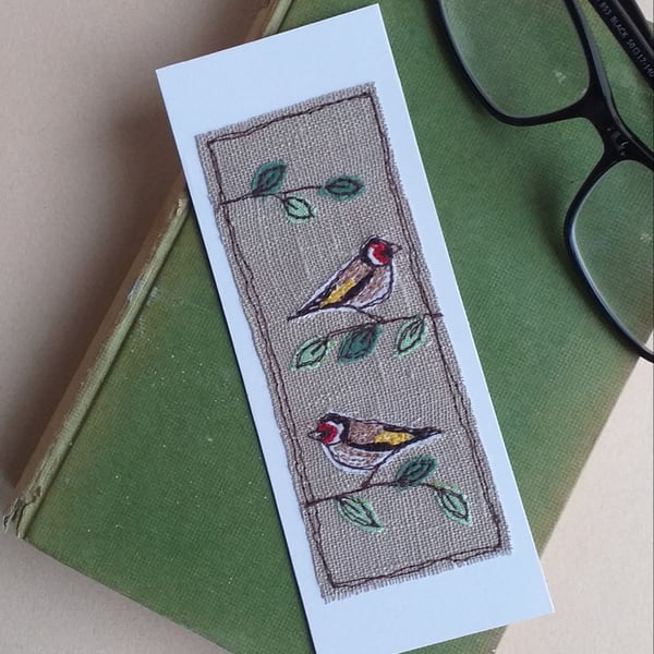 Card Bookmark with Embroidered Goldfinches