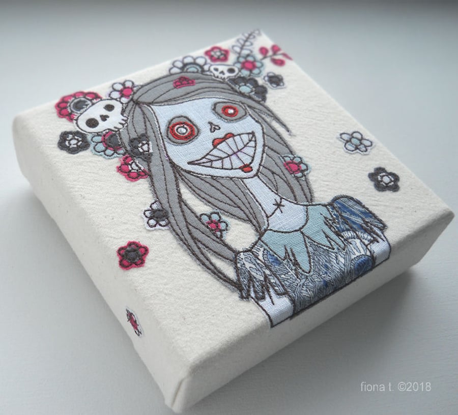 freehand embroidery floral zombie original textile art