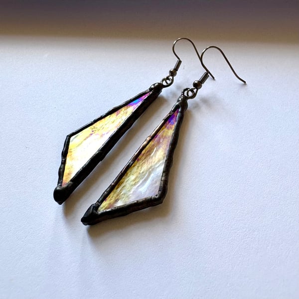 Iridescent stained glass dangle earrings, Unique zero waste statement jewellery 
