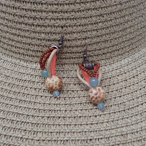 Boho Brown and Orange Beaded Beach Earrings