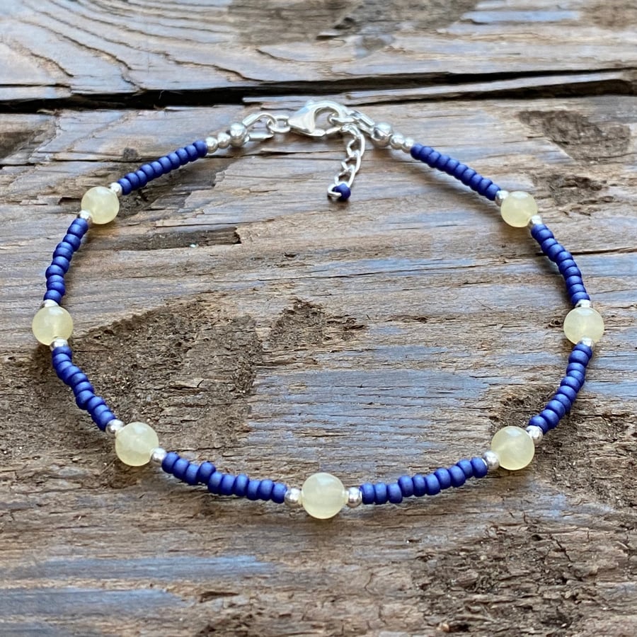 Yellow Jade, Sterling Silver and Seed Bead Bracelet . With extension chain.