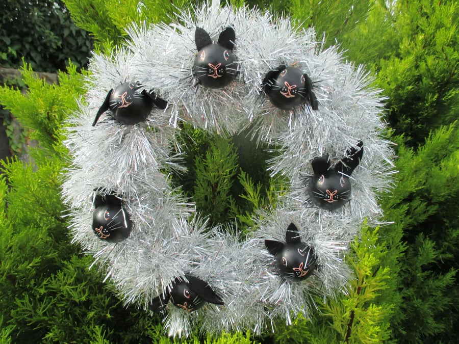 SALE Christmas Wreath Tinsel with Bunny Rabbit Hand Painted Bauble 