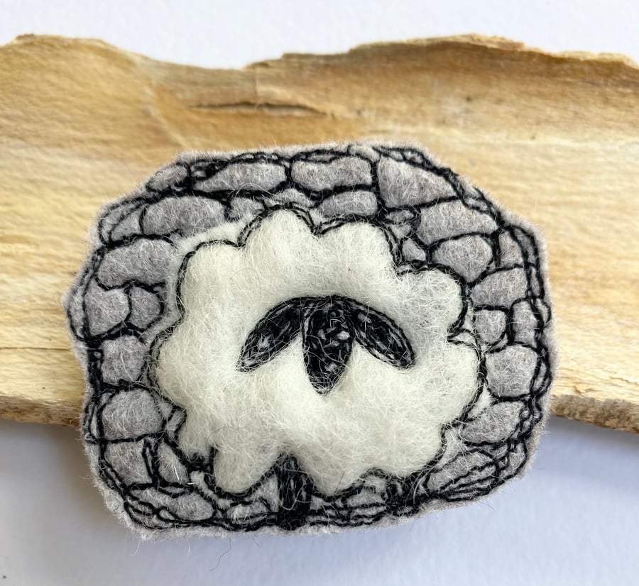 Upcycled Wendsley the sheep with dry stone wall brooch pin or badge. 