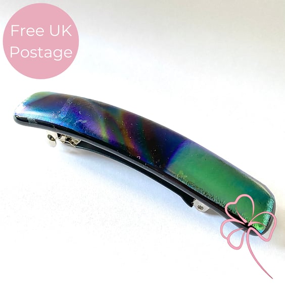 Handmade Northern Lights Iridescent Dichroic Glass Hair Barrette 