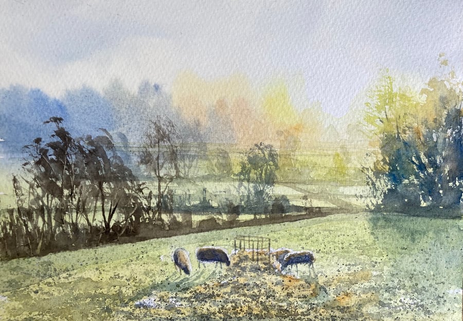 Battersby fields (Pure Original Watercolour FULLY MOUNTED 12” x 10)