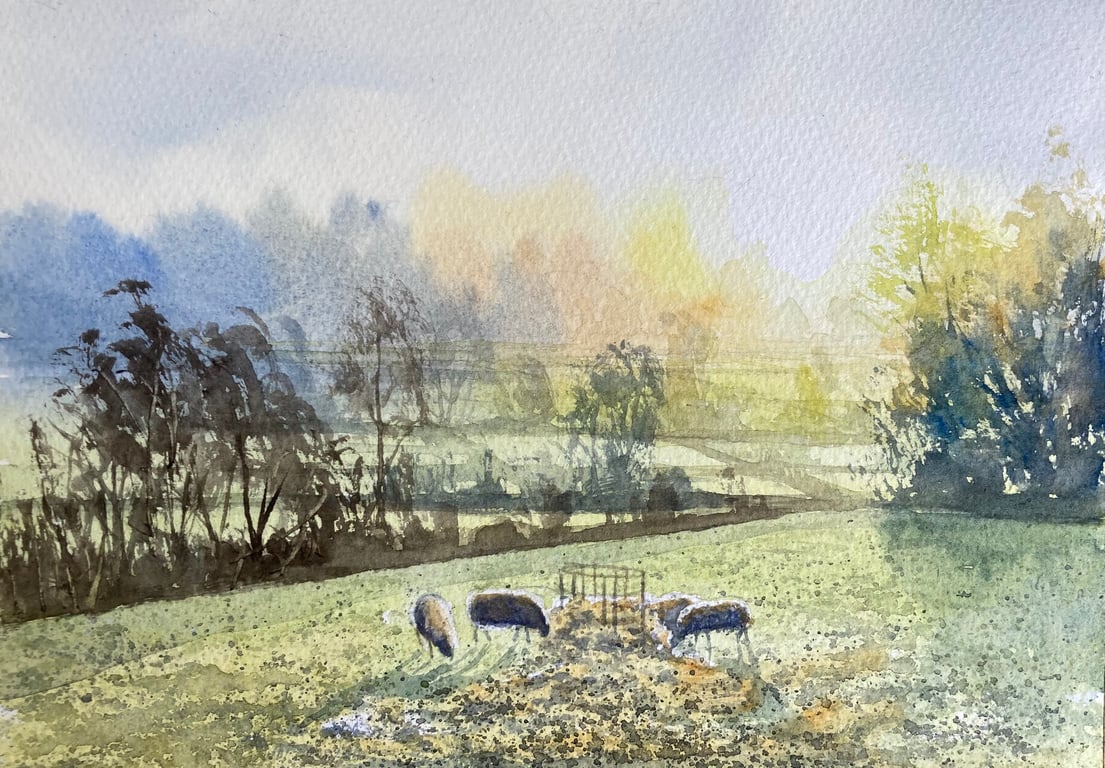 Battersby fields (Pure Original Watercolour FULLY MOUNTED 12” x 10)