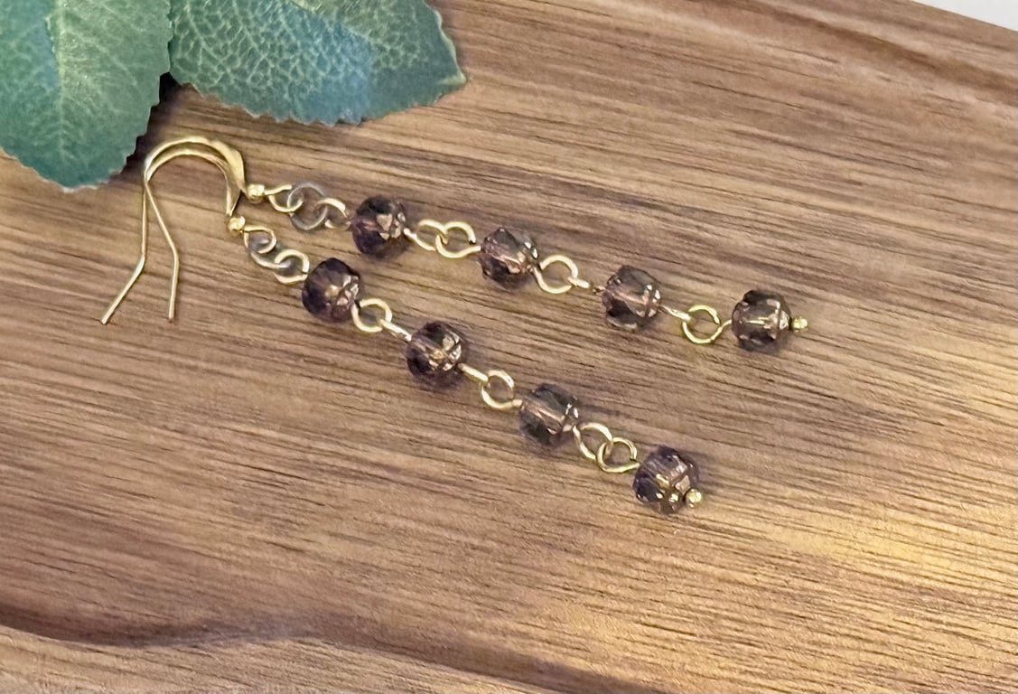 Long Smokey Black and Gold Czech glass earrings